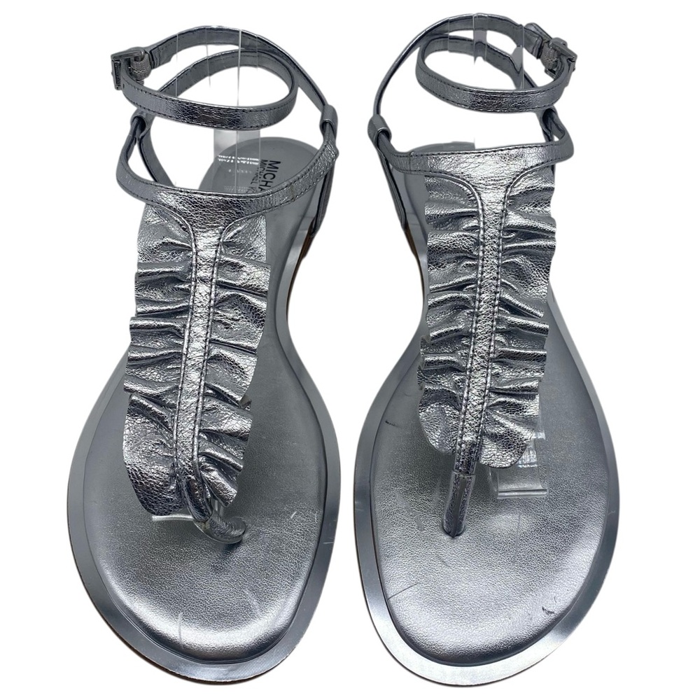 Michael Kors Womens Shoes Bella Sandals 8 Silver Leather Ruffled Flat Strappy - Picture 6 of 13